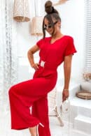 Kombinezon damski Hanna z szerokimi nogawkami złoty pasek czerwony