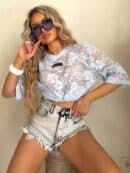 Bluzka MARMARIS koronka print big flowers – błękitna