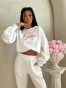 Bluza dresowa LOGO  – ecru-różowy