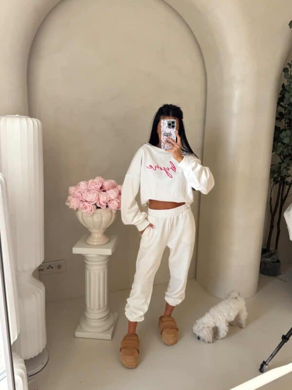 Bluza dresowa LOGO  – ecru-różowy