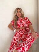 Komplet LUXE print flowers – ecru-czerwony Komplet LUXE print flowers – ecru-czerwony