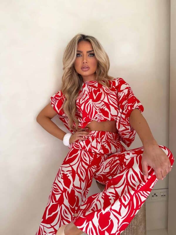 Komplet LUXE print flowers – ecru-czerwony Komplet LUXE print flowers – ecru-czerwony