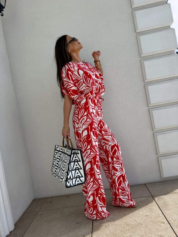 Komplet LUXE print flowers – ecru-czerwony Komplet LUXE print flowers – ecru-czerwony