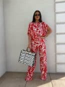 Komplet LUXE print flowers – ecru-czerwony Komplet LUXE print flowers – ecru-czerwony