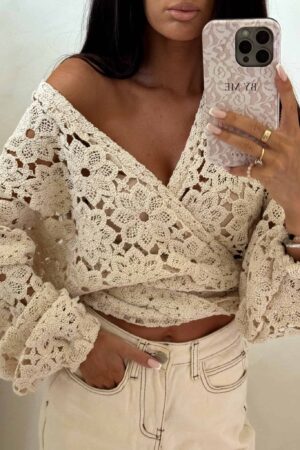 Kimono AŻUROWE kwiaty - jasny beż