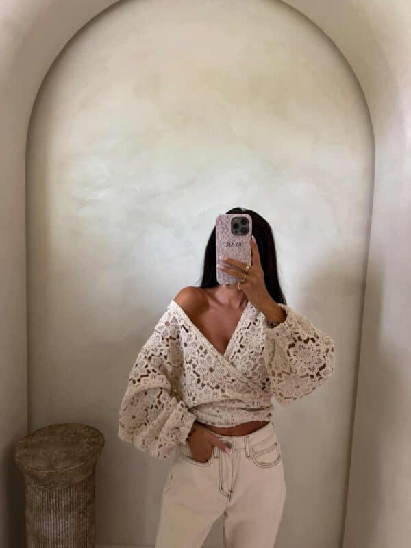 Kimono AŻUROWE kwiaty - jasny beż