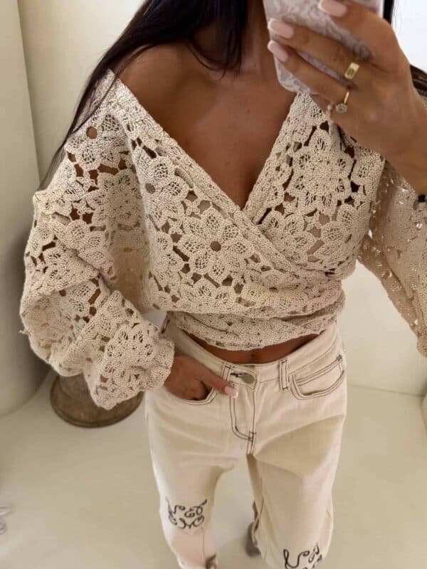 Kimono AŻUROWE kwiaty - jasny beż