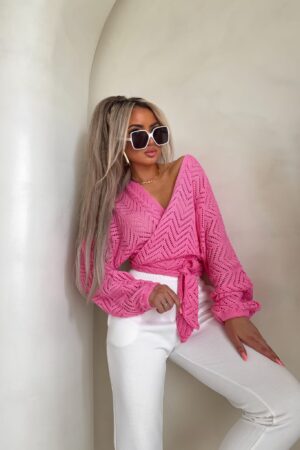 Kimono AŻUROWE jodełka - barbi róż