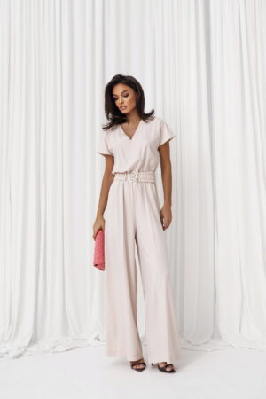 Kombinezon damski Hanna z szerokimi nogawkami złoty pasek beż