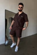 Komplet lniany męski BG Latino | gorzka czekolada