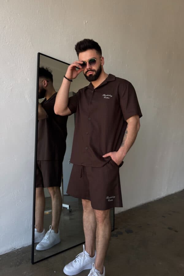 Komplet lniany męski BG Latino | gorzka czekolada