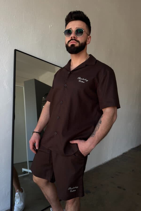 Komplet lniany męski BG Latino | gorzka czekolada