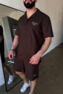 Komplet lniany męski BG Latino | gorzka czekolada