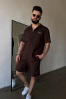 Komplet lniany męski BG Latino | gorzka czekolada