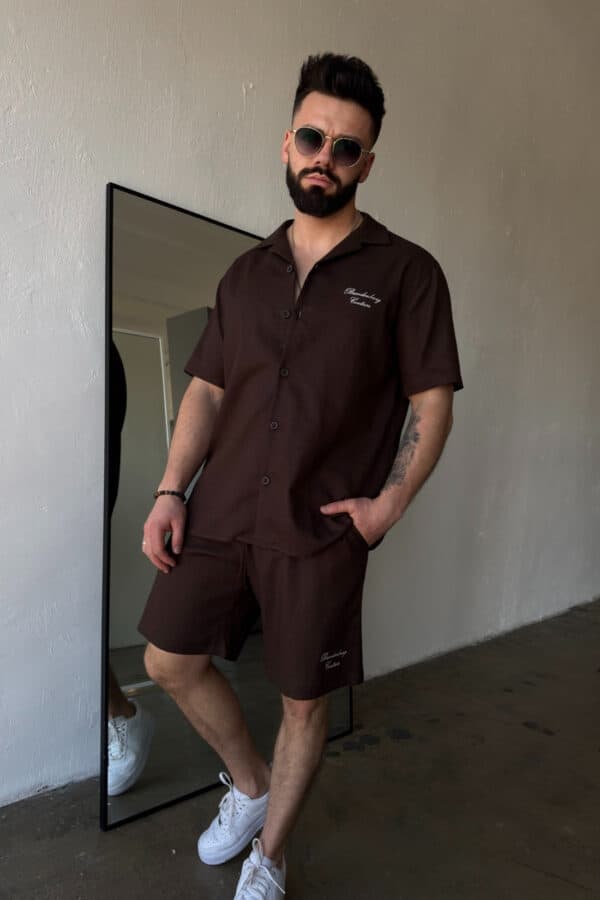 Komplet lniany męski BG Latino | gorzka czekolada