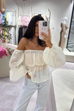 Bluzka hiszpanka MISS print kwiatuszki – ecru