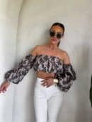 Bluzka hiszpanka MISS print ornament – kawowy Bluzka hiszpanka MISS print ornament – kawowy