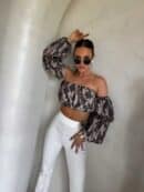 Bluzka hiszpanka MISS print ornament – kawowy Bluzka hiszpanka MISS print ornament – kawowy