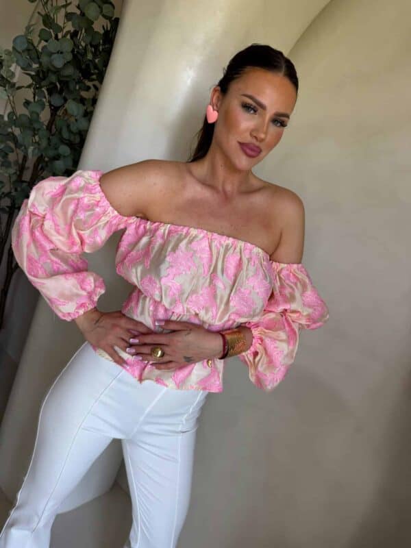 Bluzka hiszpanka MISS print ornament – różowy Bluzka hiszpanka MISS print ornament – różowy