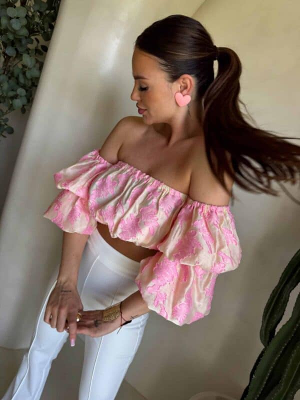 Bluzka hiszpanka MISS print ornament – różowy