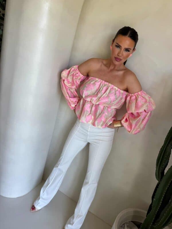 Bluzka hiszpanka MISS print ornament – różowy