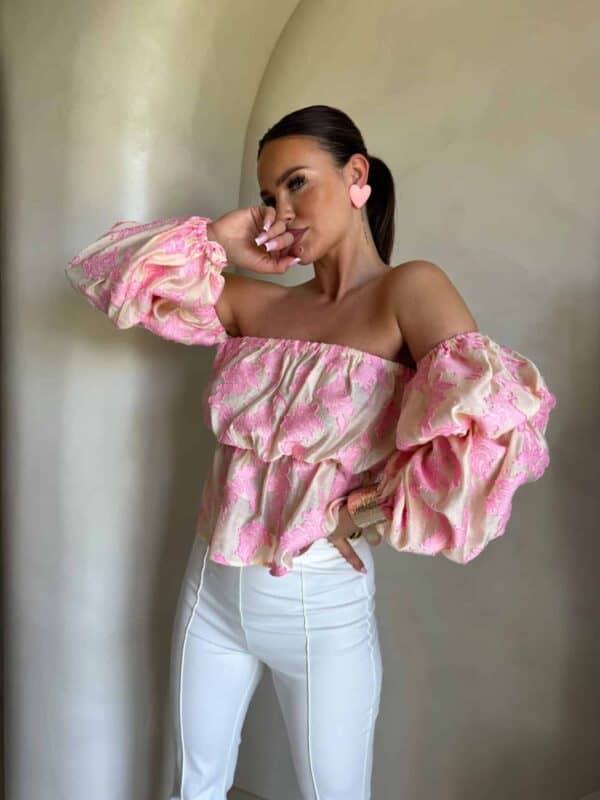 Bluzka hiszpanka MISS print ornament – różowy