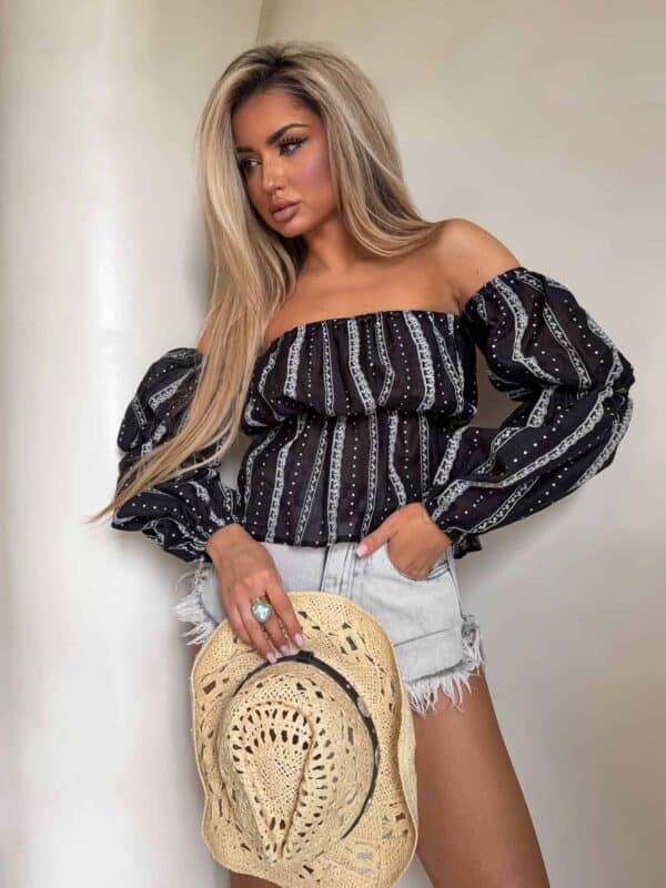 Bluzka hiszpanka MISS print kropeczki – czarne Bluzka hiszpanka MISS print kropeczki – czarne