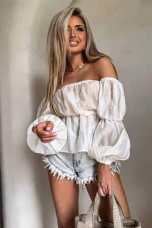 Bluzka hiszpanka MISS print kropeczki – ecru