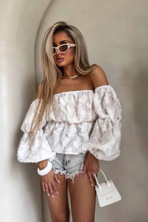 Bluzka hiszpanka MISS print ornament – ecru
